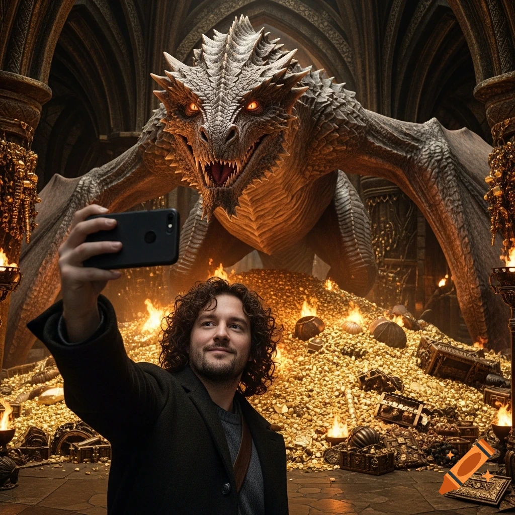 A man takes a selfie with a fearsome dragon on a massive hoard of gold in a grand, cavernous hall.