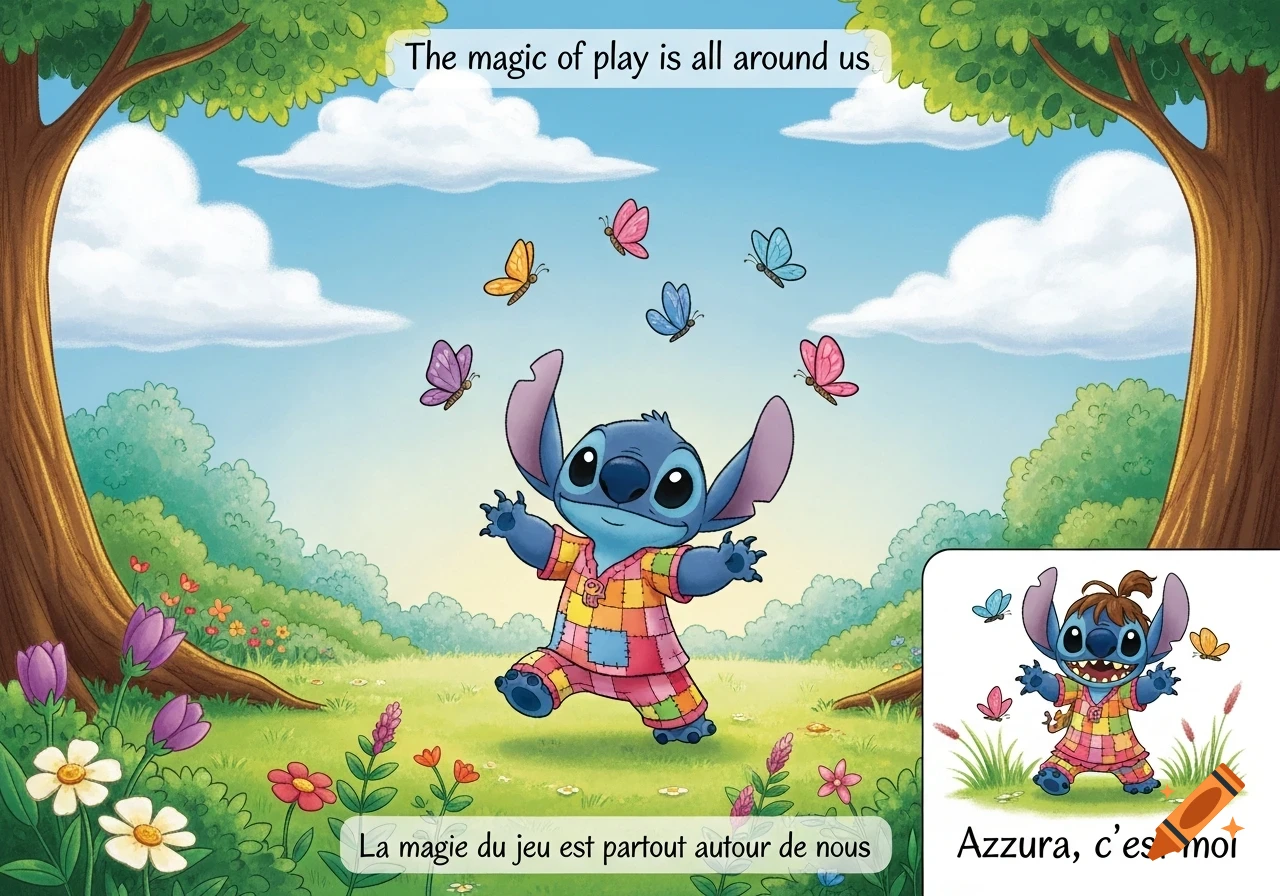 A blue, Stitch-like cartoon character in a colorful patchwork outfit frolics in a sunny green meadow with various butterflies. Text reads "The magic of play is all around us" and "La magie du jeu est partout autour de nous". A small card says "Azzura, c'est moi".