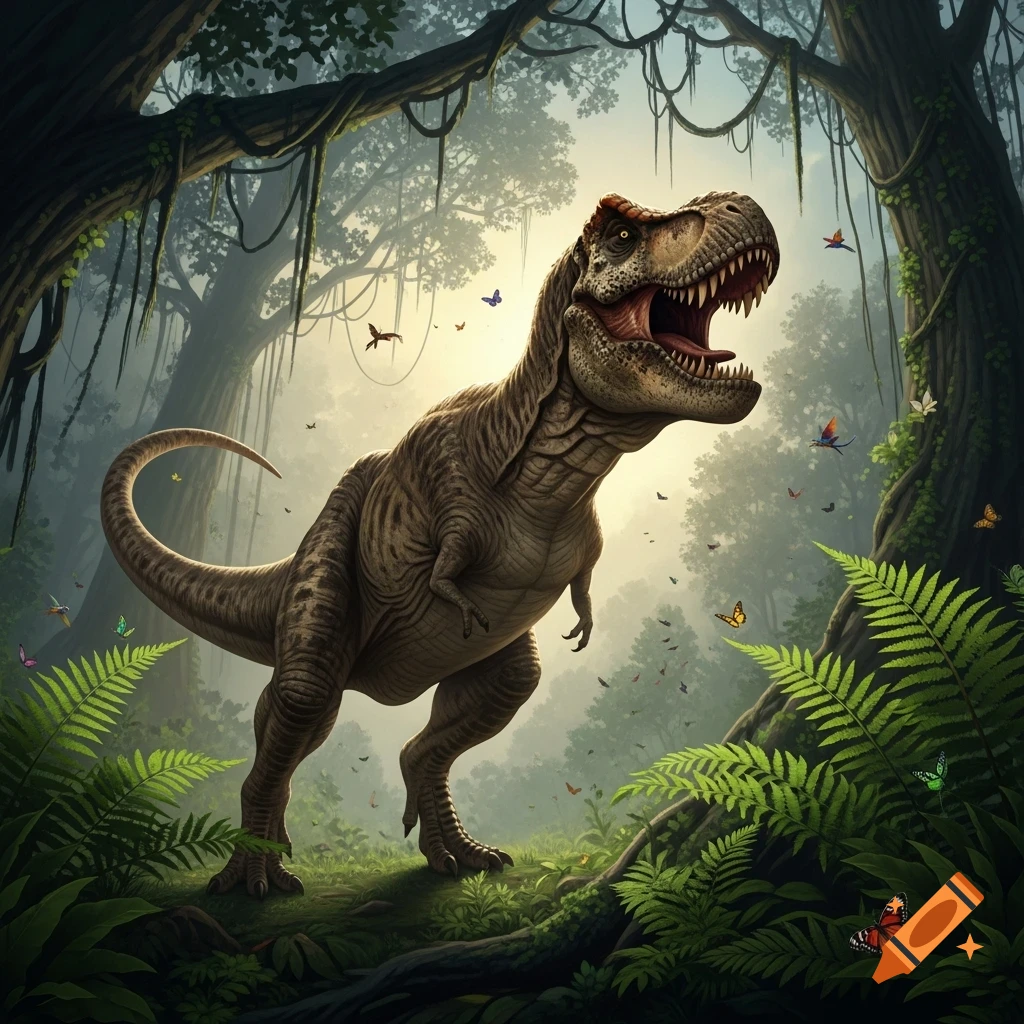 A large, detailed Tyrannosaurus Rex stands roaring in a lush, sun-dappled prehistoric jungle filled with colorful butterflies.