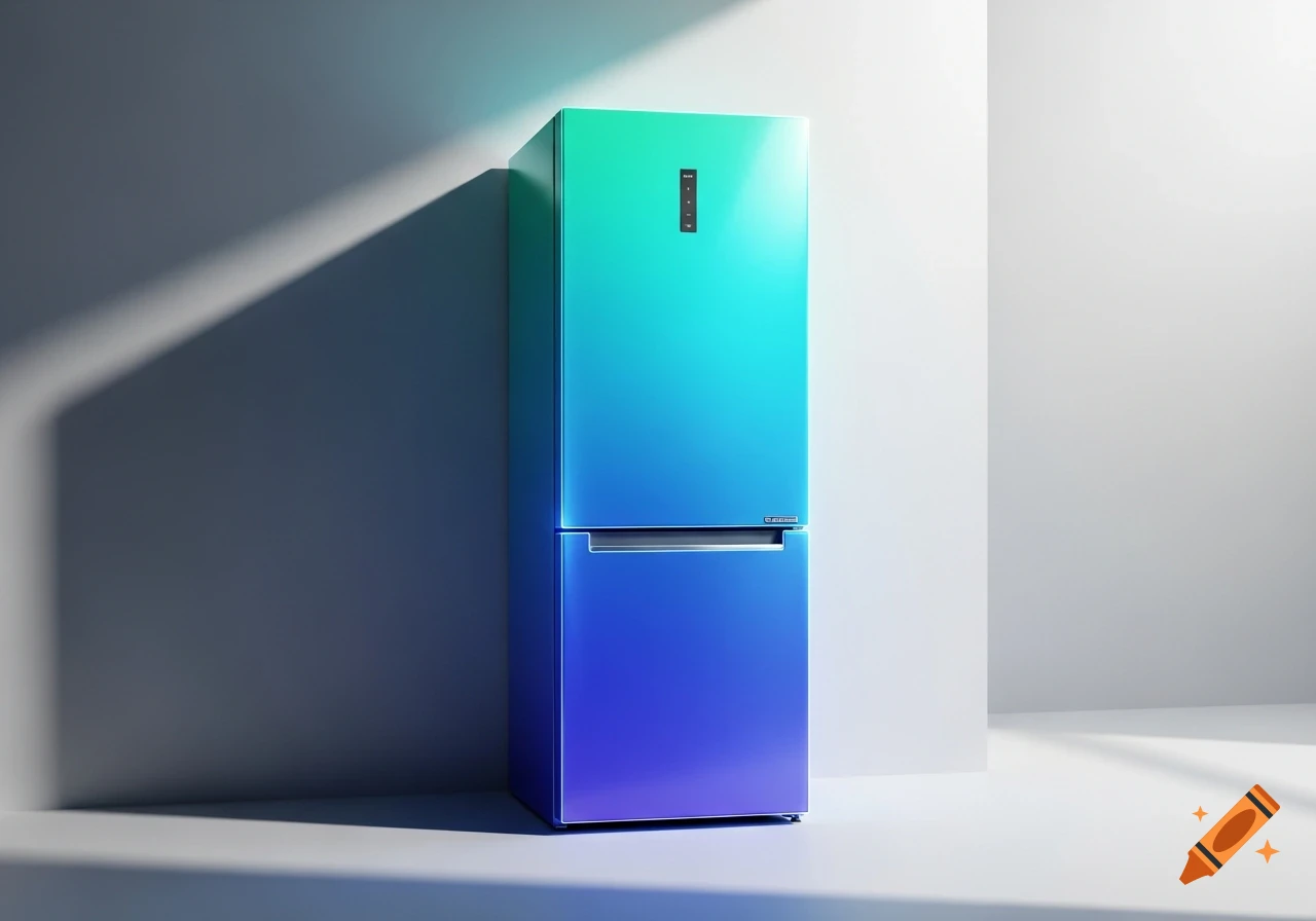 Modern refrigerator with a blue to green gradient finish stands against a minimalist white wall with dramatic shadows.