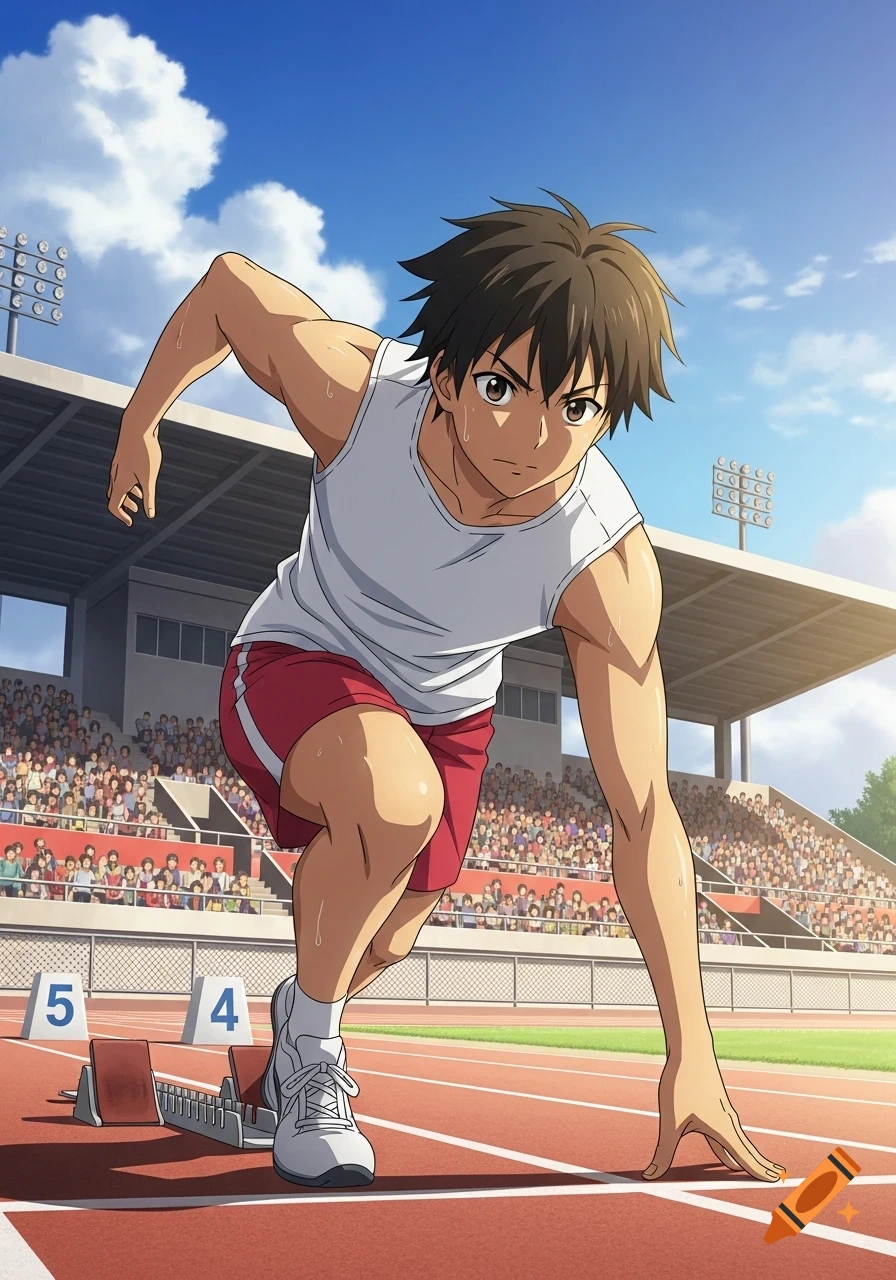 An anime male athlete in a white tank top and red shorts in a runner's starting pose on a track, with stadium seating in the background.