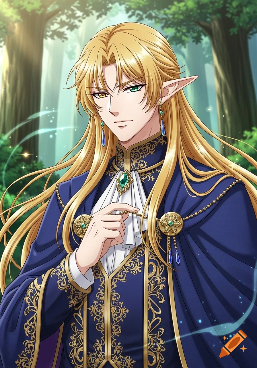Anime-style male elf with long golden hair, gold and green eyes, pale skin, wearing an ornate blue and gold fantasy outfit in a forest.