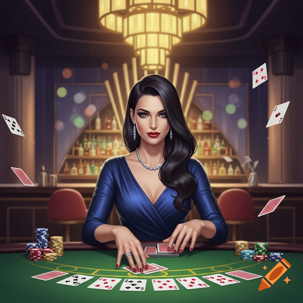 A glamorous woman in a blue dress deals cards at a casino table, surrounded by poker chips and floating cards in a bar setting.