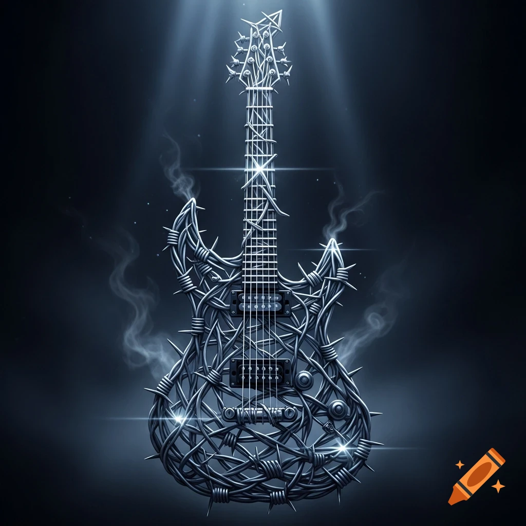 An electric guitar crafted from barbed wire, with smoke and light rays on a dark background.