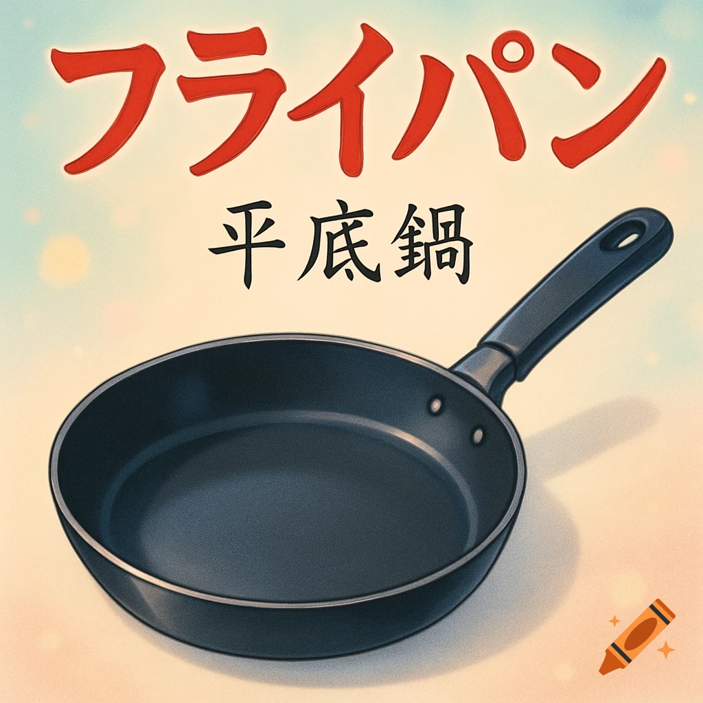 An anime-style illustration of a black frying pan with Japanese text 'フライパン' and Chinese text '平底鍋' above it.