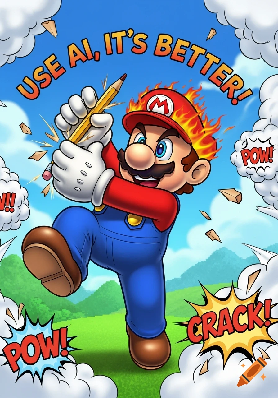 Cartoon Mario, with his hat on fire, breaks a pencil with his hands. Text reads "USE AI, IT'S BETTER!", "POW!", and "CRACK!" amidst clouds in a blue sky.