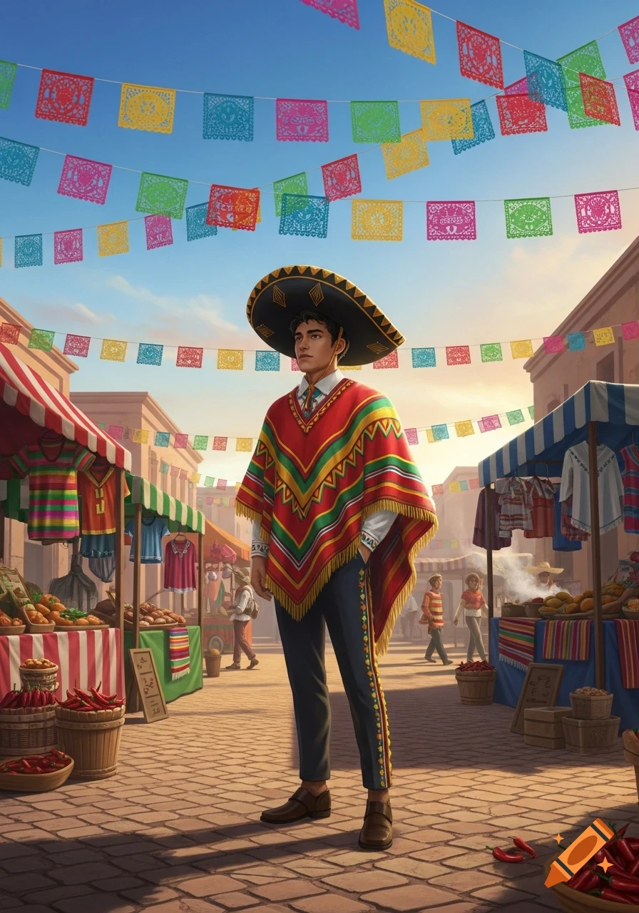 A man in a sombrero and colorful poncho stands in a vibrant outdoor Mexican market decorated with papel picado banners.