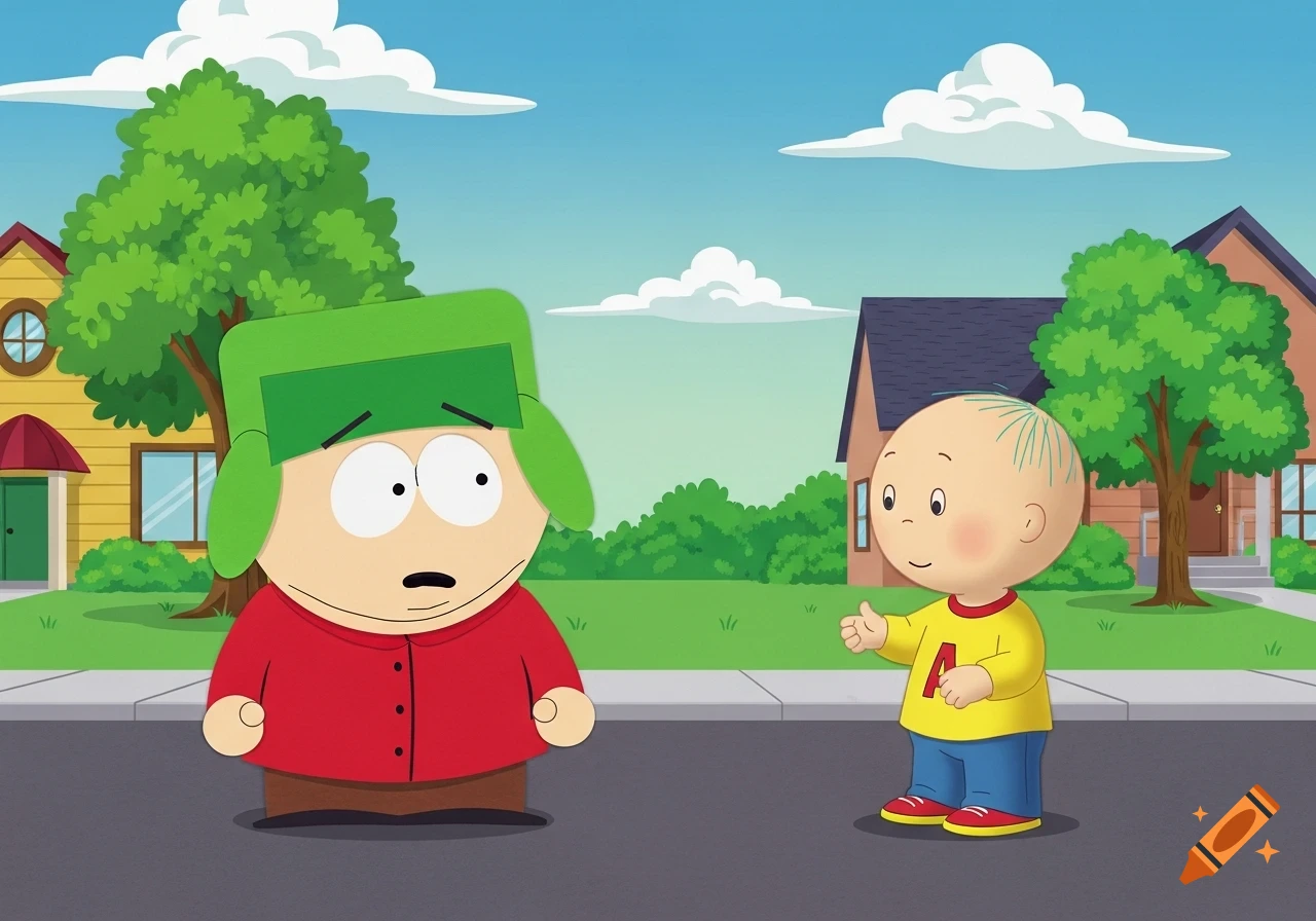 Kyle from South Park looks surprised while standing next to Caillou, who wears a yellow shirt with a red A, on a suburban street.