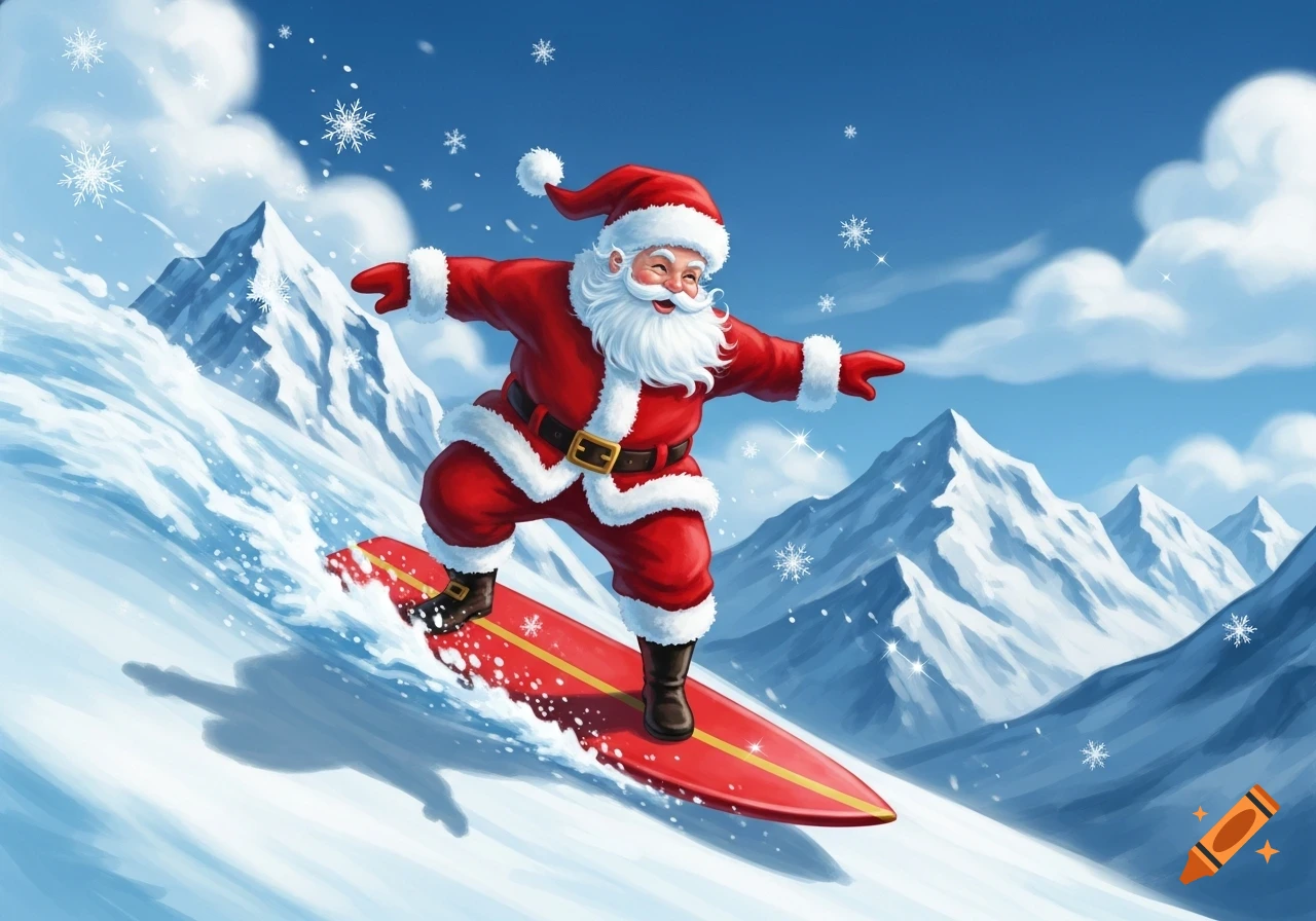 Cartoon illustration of Santa Claus surfing down a snowy mountain on a red surfboard with snowflakes falling under a blue sky.