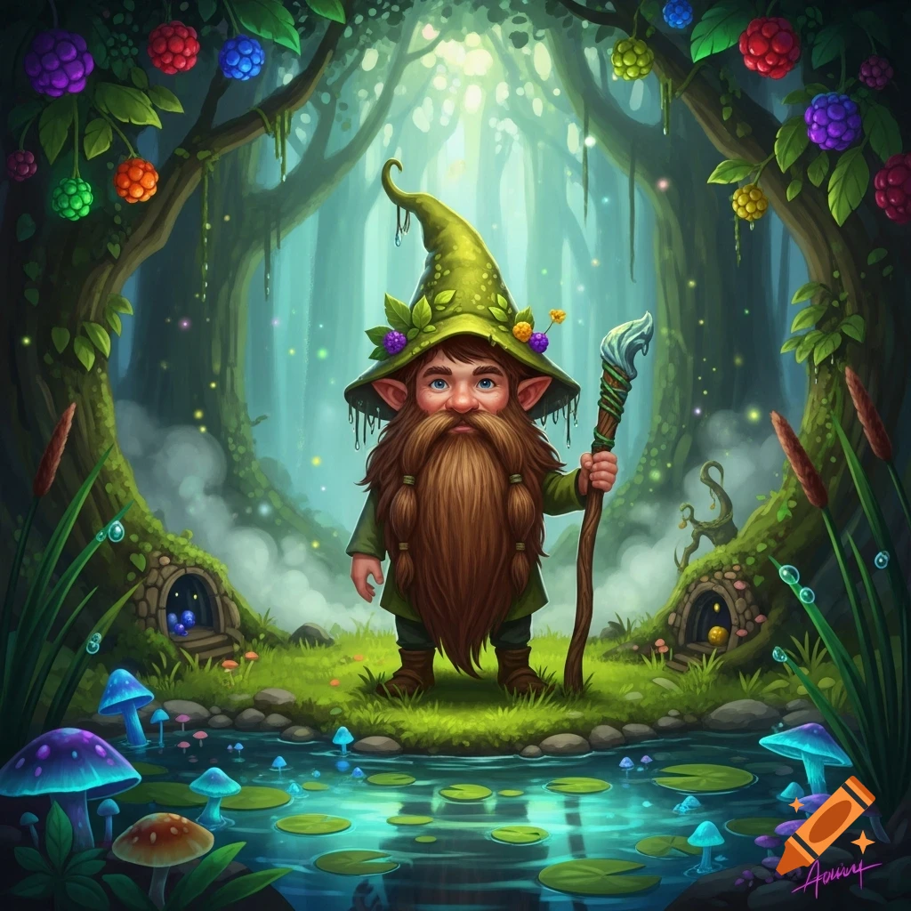 A whimsical illustration of a bearded gnome in a pointy hat holding a staff, standing by a pond in a magical forest with glowing mushrooms and colorful berries.
