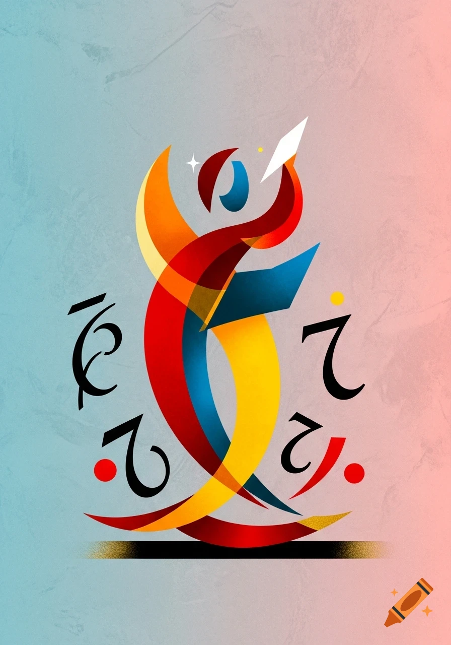 A vibrant abstract illustration with overlapping, flowing shapes in red, blue, yellow, and orange, against a textured gradient background of blue and pink. Stylized black symbols are interspersed.