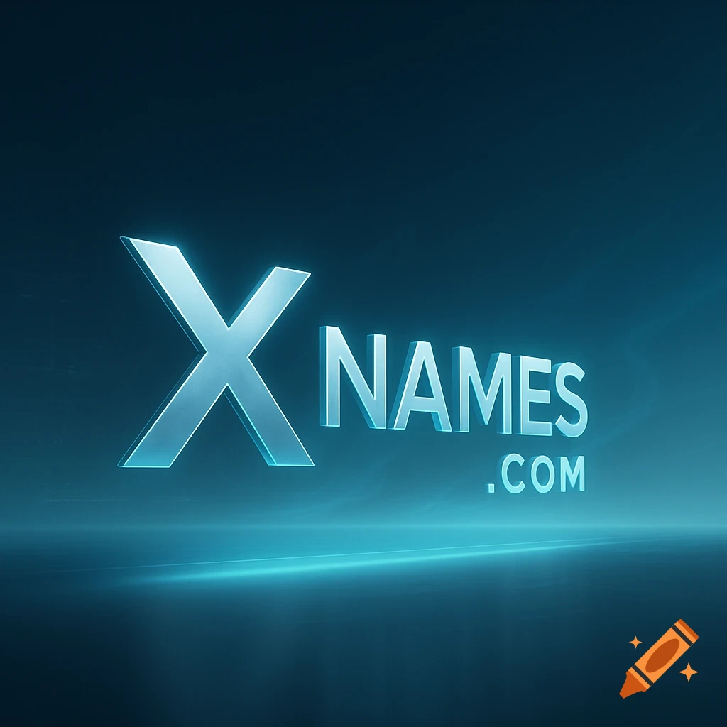 3D glowing blue logo for XNAMES.COM on a dark background with blue light reflection.
