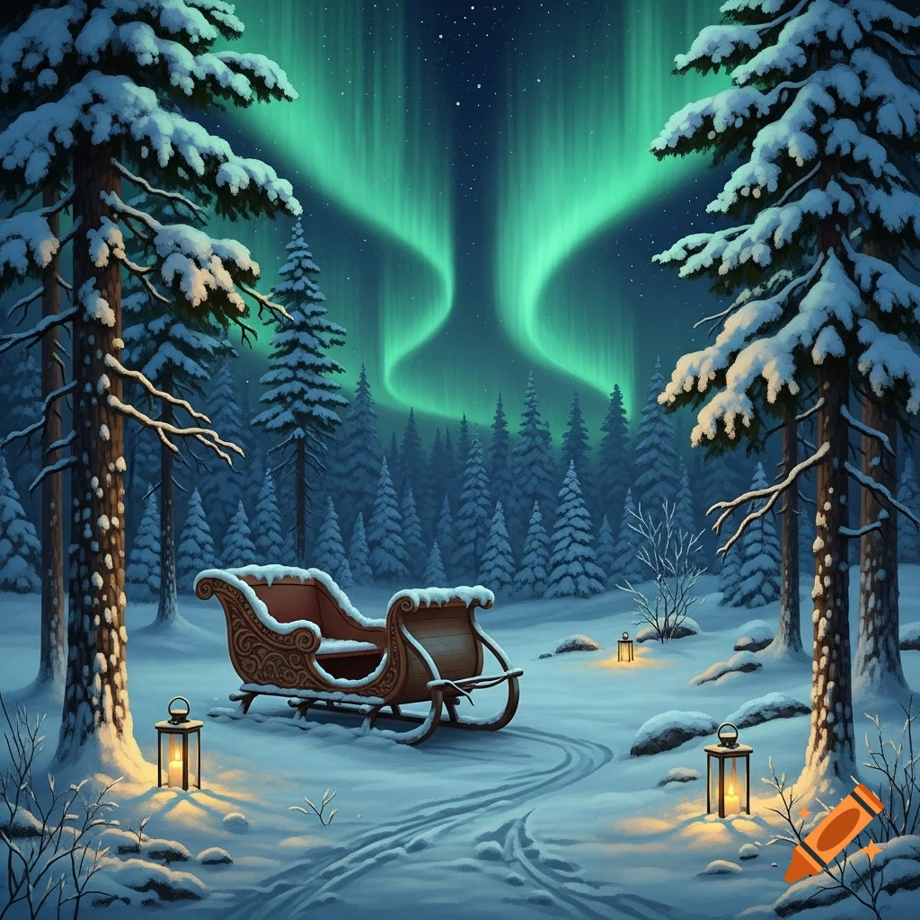 A wooden sleigh on a snowy path in a winter forest, illuminated by three lanterns and vibrant green aurora borealis in the night sky.