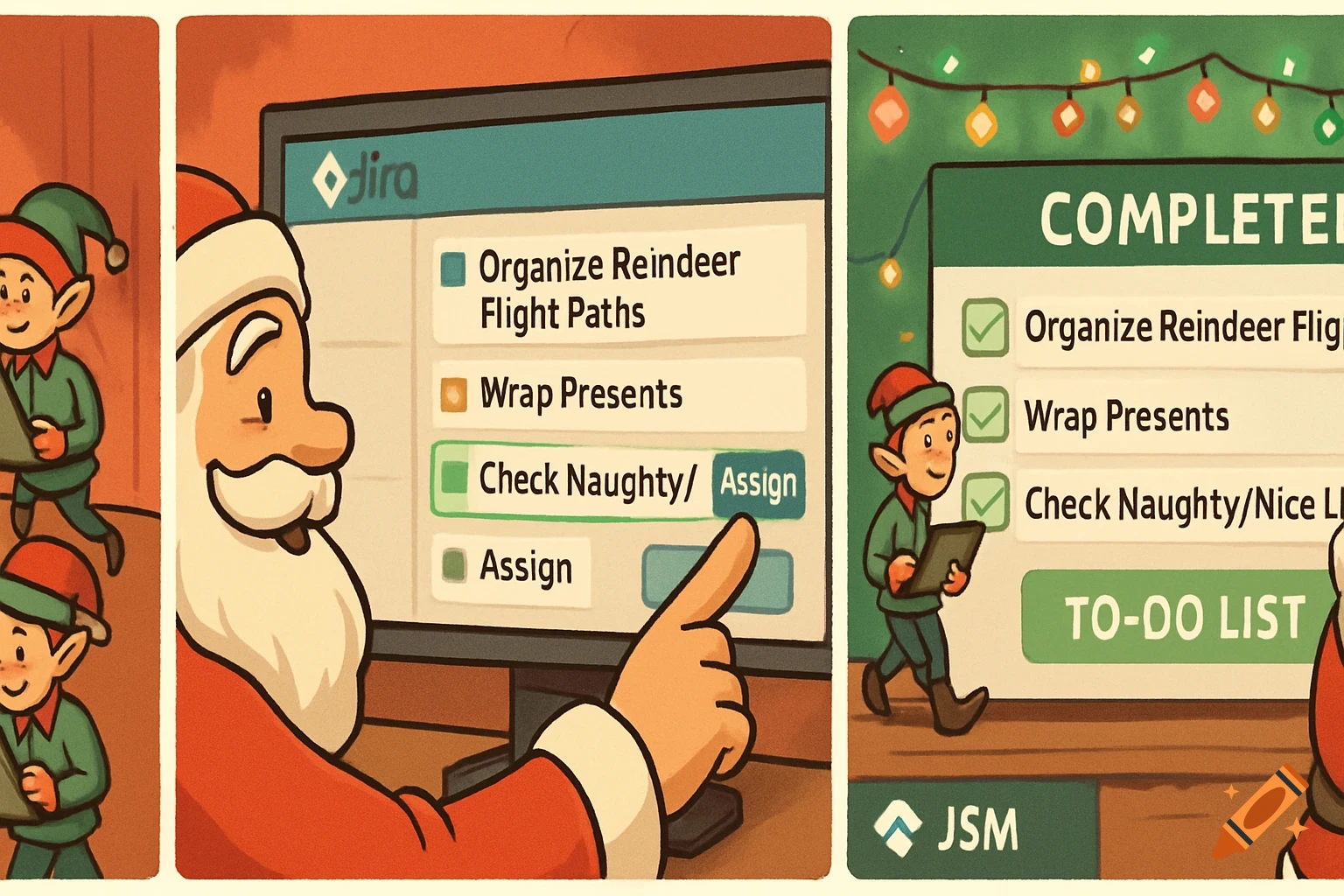 Comic strip of Santa Claus and elves using a computer and a checklist to prepare for Christmas, featuring task management software.
