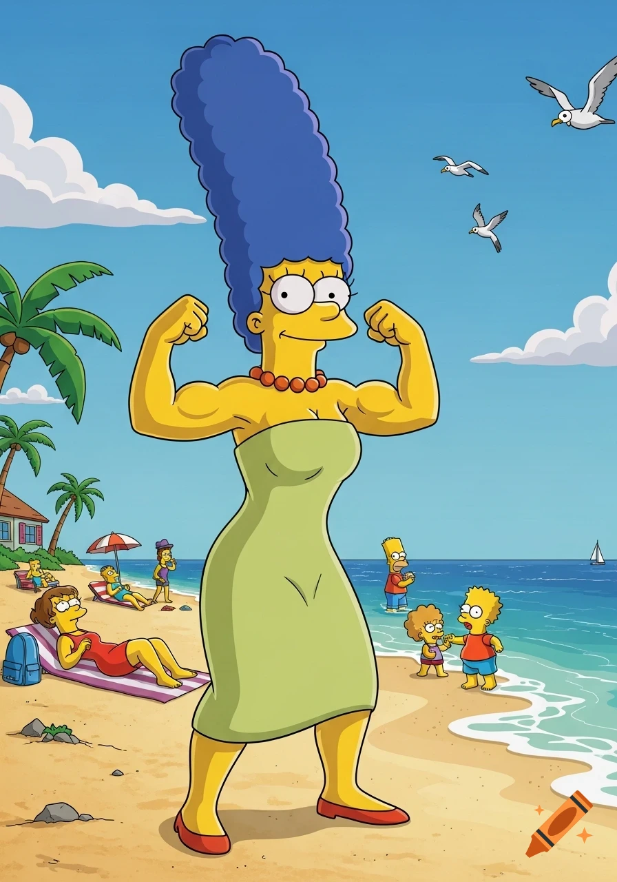 Marge Simpson, with muscular arms, flexes proudly on a sunny beach, with other Simpsons characters nearby in a cartoon style.