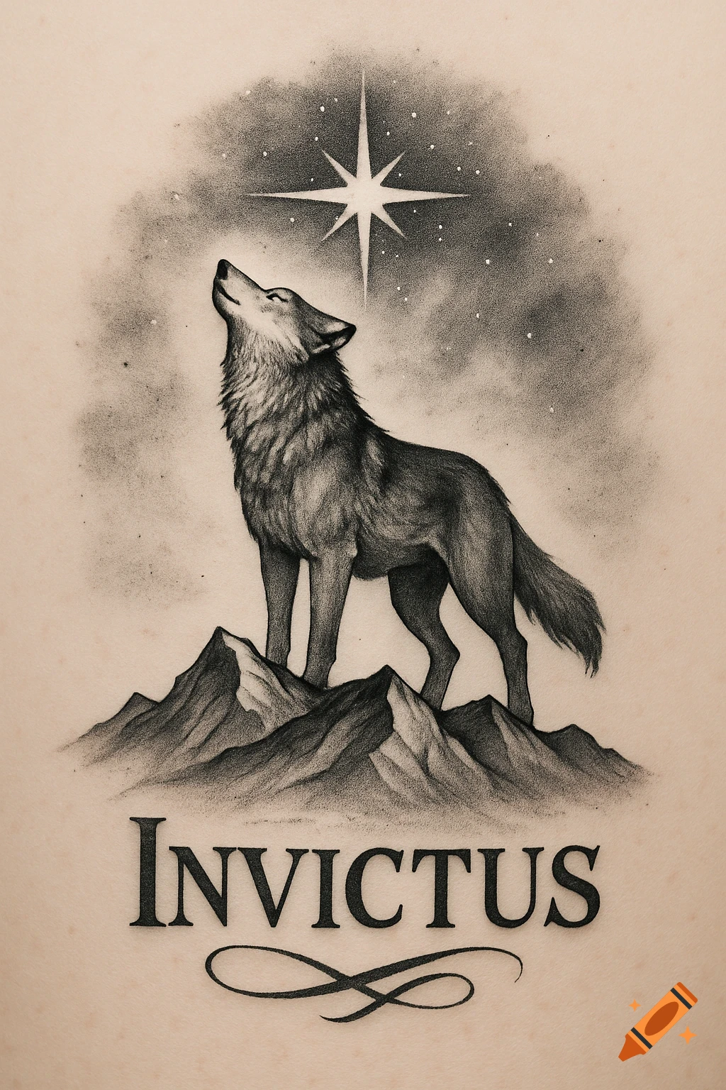 A black and white drawing of a wolf howling at a bright star from a mountaintop, with "INVICTUS" text below.