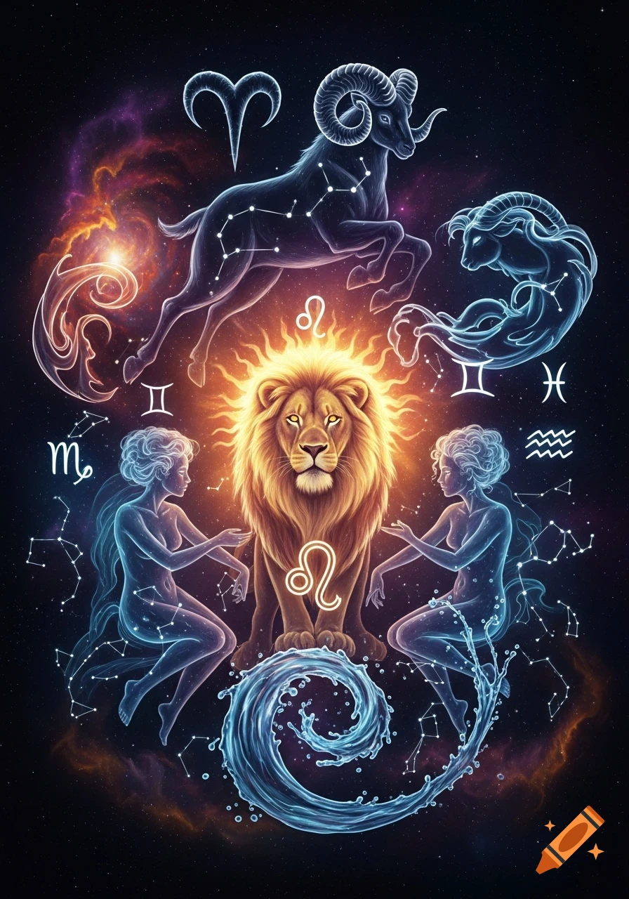 A vibrant celestial artwork featuring a glowing lion, ram, and two ethereal women surrounded by zodiac symbols and constellations in space.