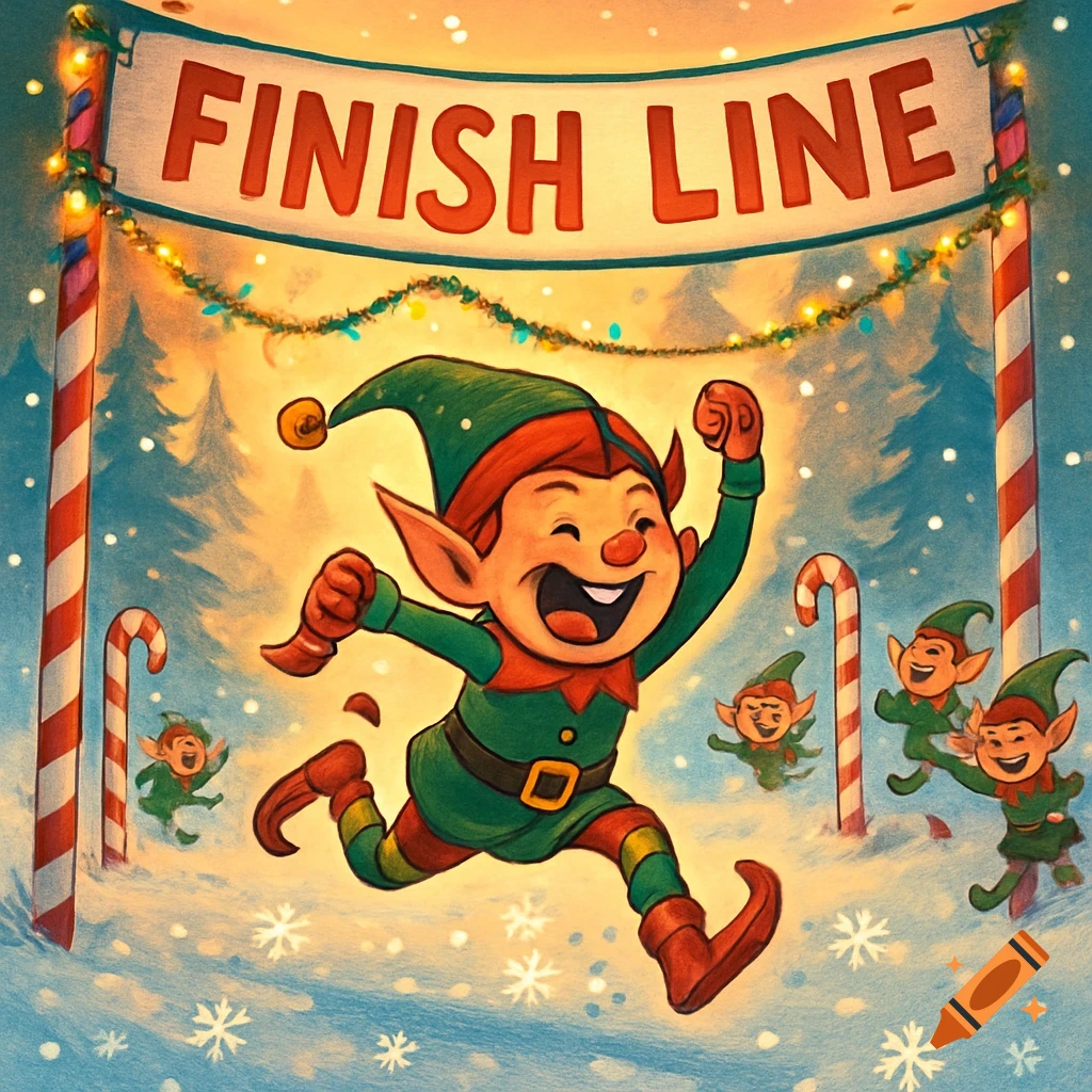 A cheerful cartoon Christmas elf in green and red runs past a candy cane pole towards a finish line banner, with other elves and snow in the background.