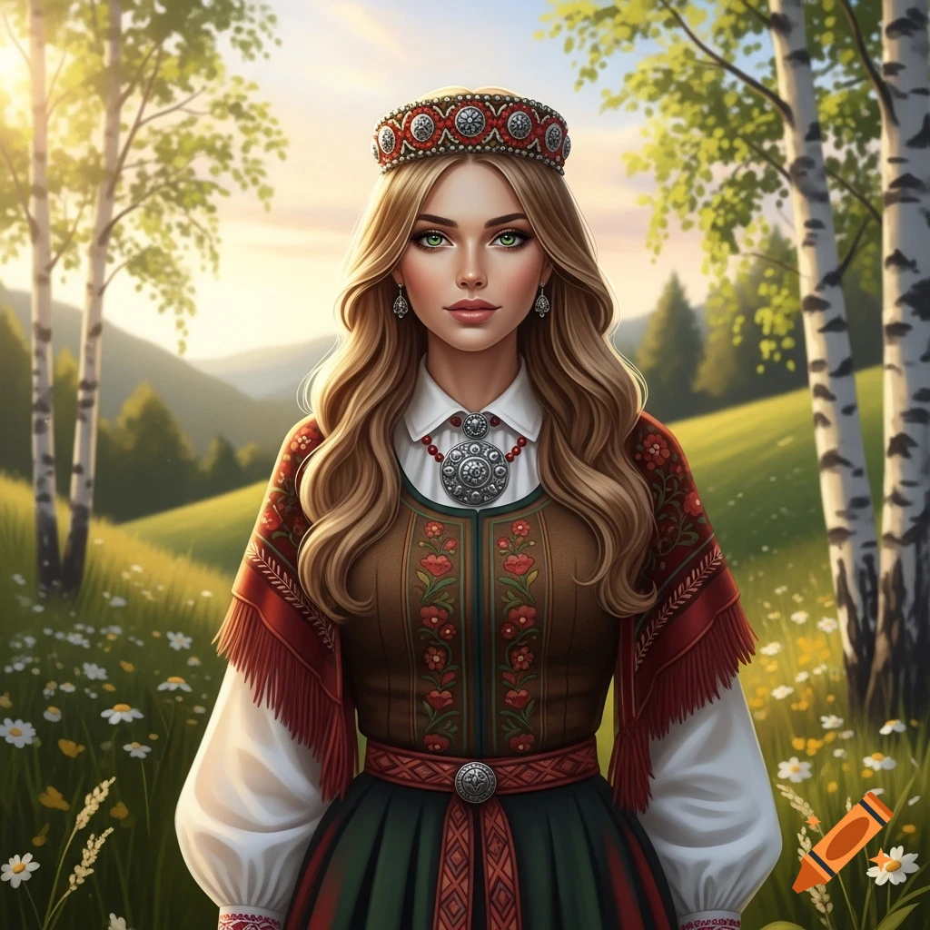Beautiful woman in traditional Latvian folk costume and ornate crown stands in a sunny meadow with birch trees.