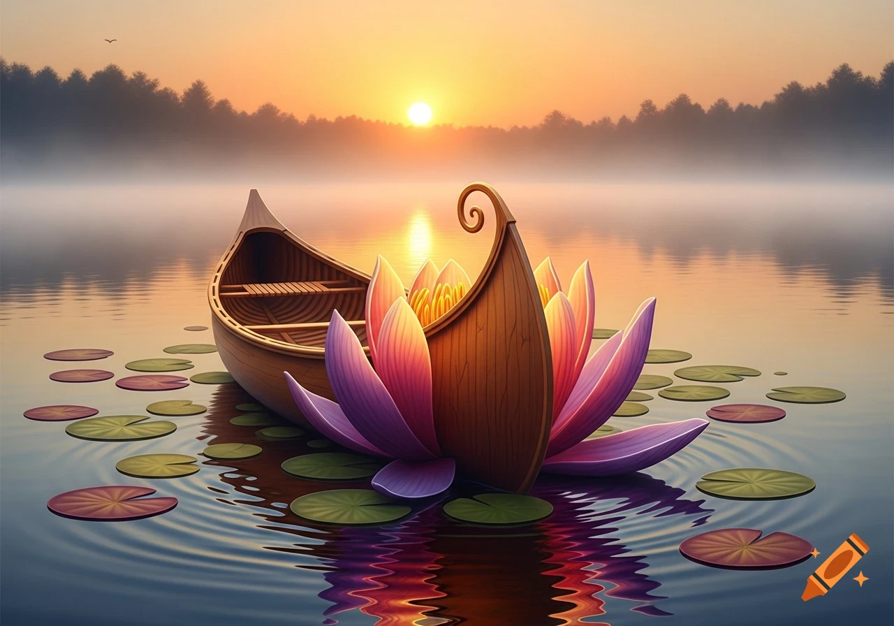 A canoe transforming into a pink and purple lotus flower on a misty lake at sunset, with distant trees.