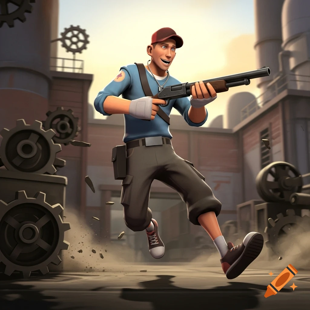 A stylized 3D art rendering of the TF2 Scout running with a shotgun in an industrial setting, kicking up dust.