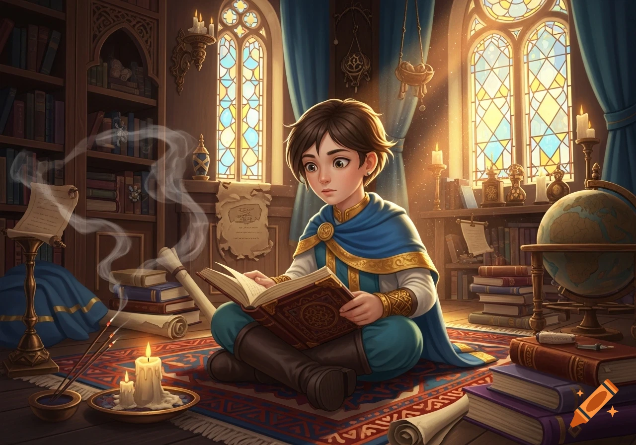 A young character in a blue and gold cape sits on a patterned rug, reading a book in a sunlit fantasy library with stained glass windows.