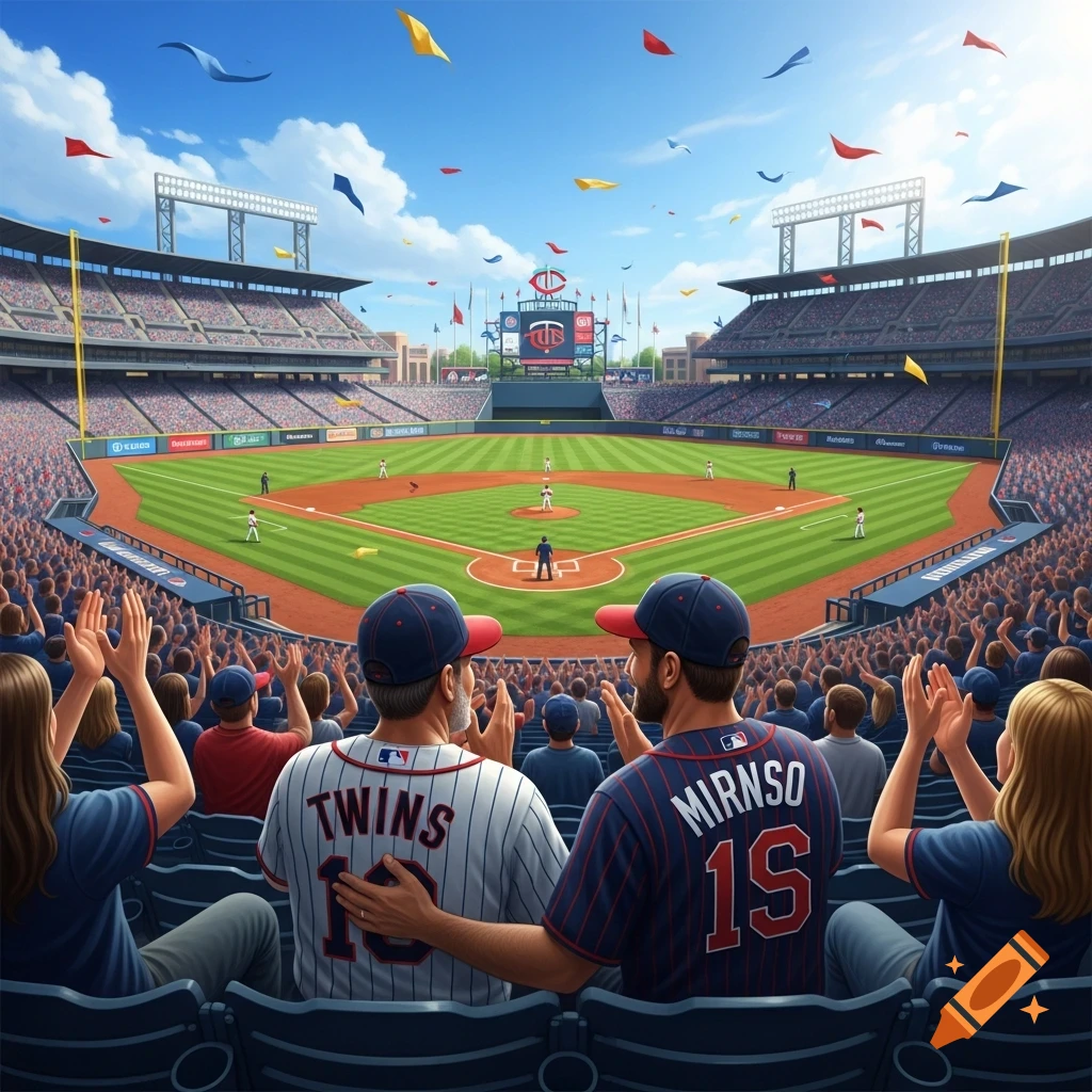 View from behind two fans in a packed baseball stadium, looking out at the field during a game. Confetti flies under a blue sky.