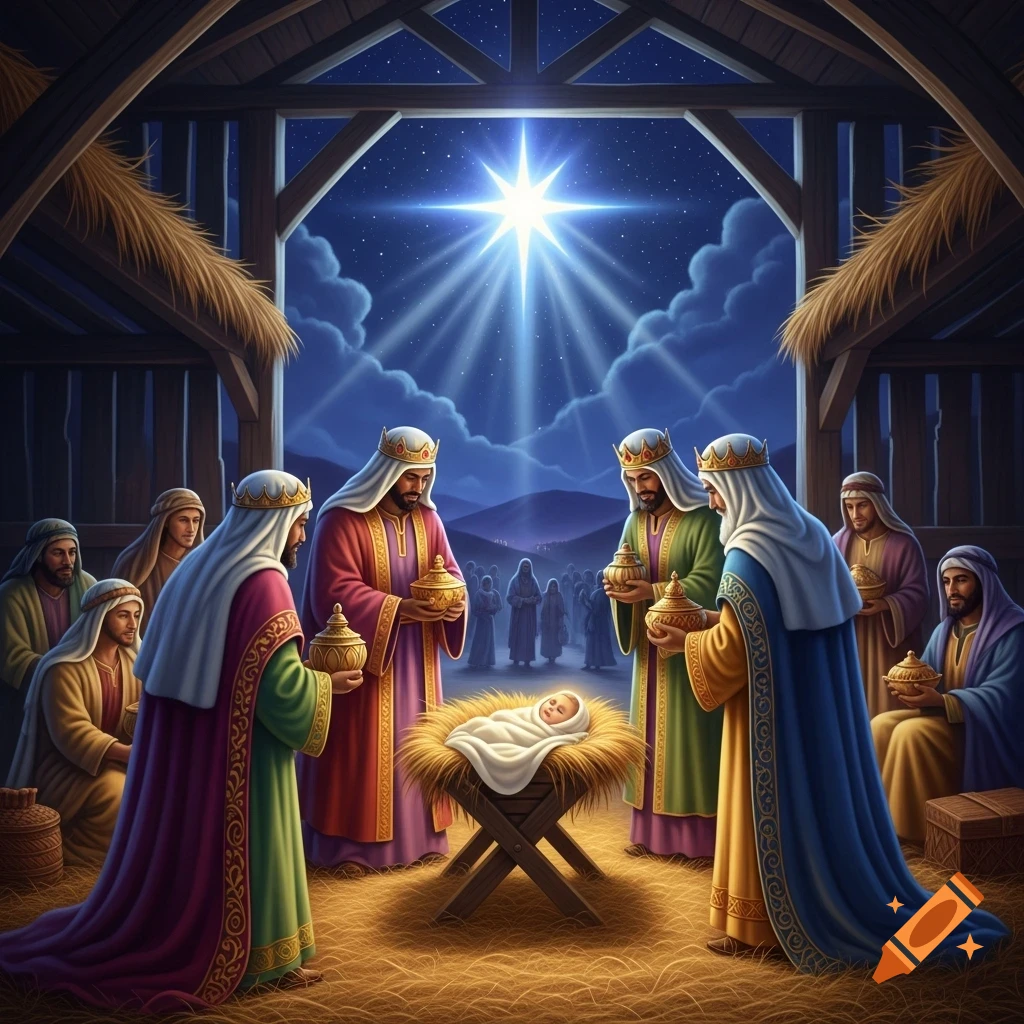 Three Wise Men in colorful robes offer gifts to baby Jesus in a manger within a barn, under a bright star.