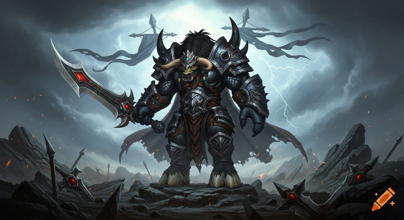 A dark fantasy illustration of a heavily armored Tauren warrior holding a sword on a rocky battlefield under a stormy sky.