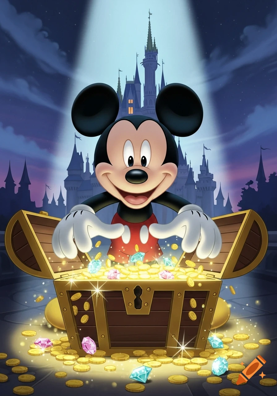 Mickey Mouse reaches into a treasure chest overflowing with gold coins and gems, set against a fairytale castle backdrop.