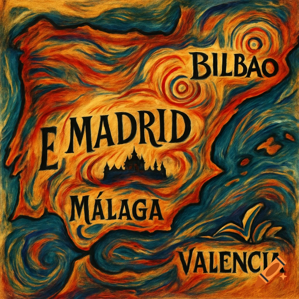 Expressionist painting of a map of Spain with swirling orange, blue ...