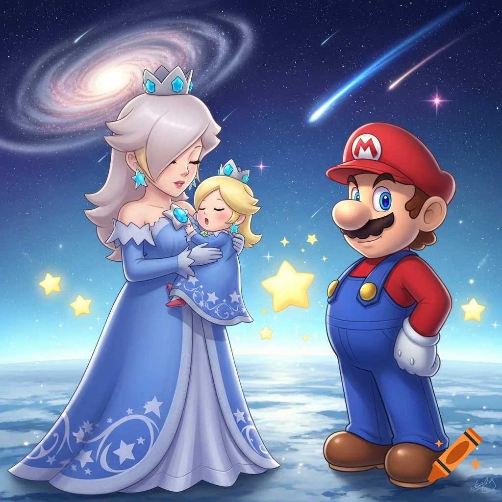 Princess Rosalina holding baby Rosalina, with Mario standing in a cosmic setting with stars and a galaxy.