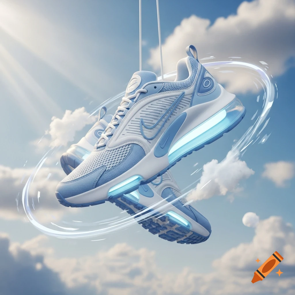 White and light blue Nike Air sneakers with glowing soles floating in a bright, cloudy blue sky.