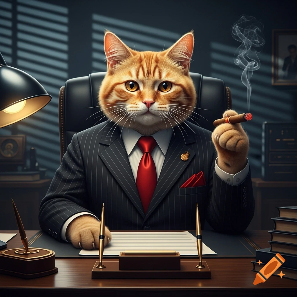 An orange tabby cat in a pinstripe suit and red tie sits at a dark desk, holding a smoking cigar, in a cinematic noir style.