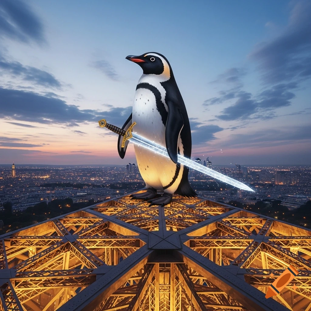 A giant penguin holding a glowing sword stands atop the Eiffel Tower at sunset, overlooking a city.