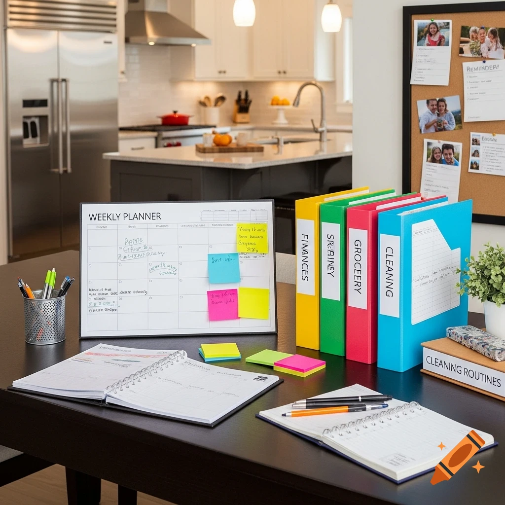 A desk with a weekly planner, binders labeled 'FINANCES', 'GROCERY', 'CLEANING', notebooks, and pens, set in a modern kitchen.