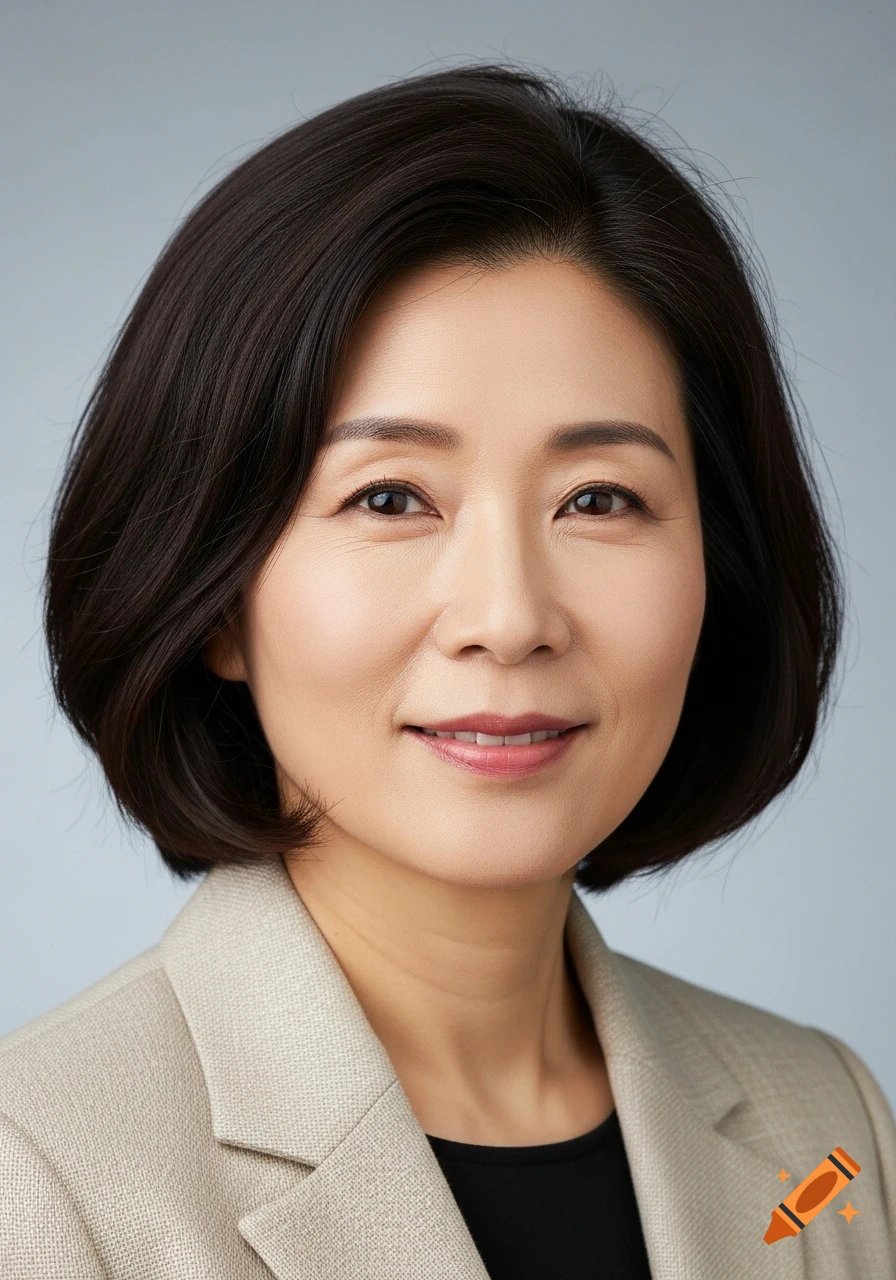 Photorealistic portrait of a Korean woman in her mid-40s with short dark hair, smiling gently in a beige blazer.