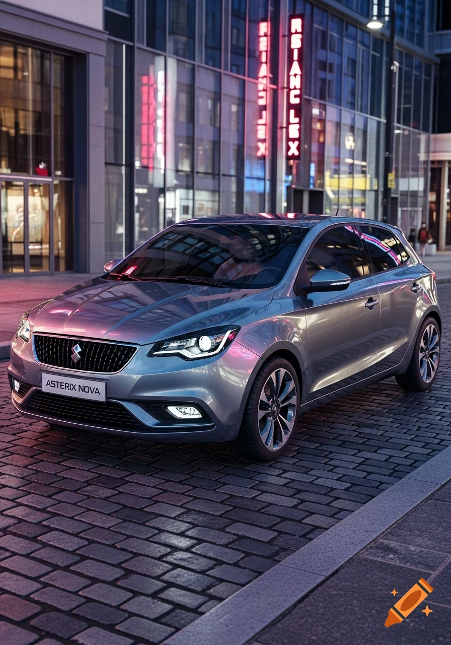 A sleek silver compact hatchback, "Asterix Nova", is parked on a cobblestone street in a modern city at dusk, with neon signs reflecting on wet surfaces.
