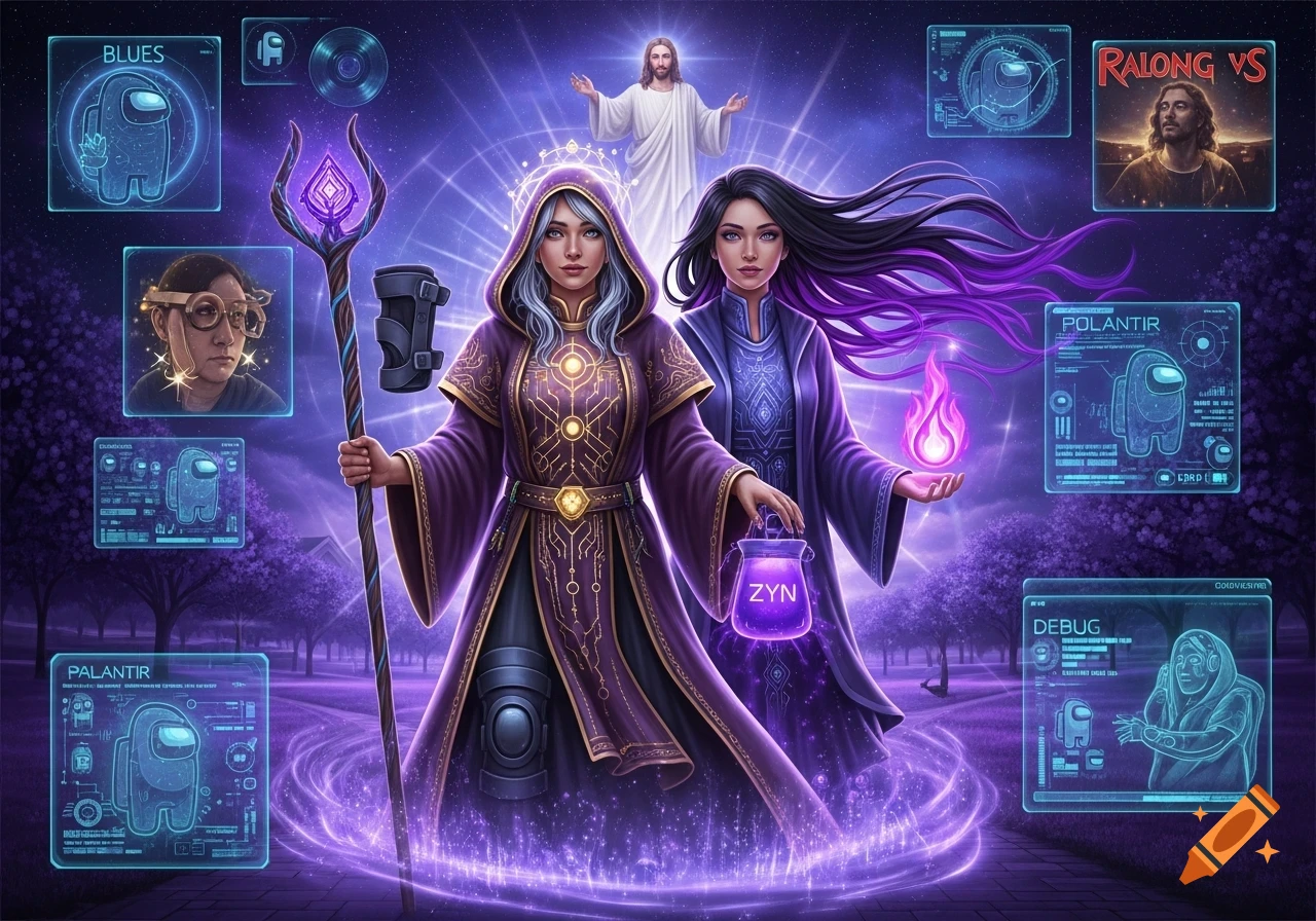 Two cosmic coder-wizards in purple robes stand amidst glowing energy ...