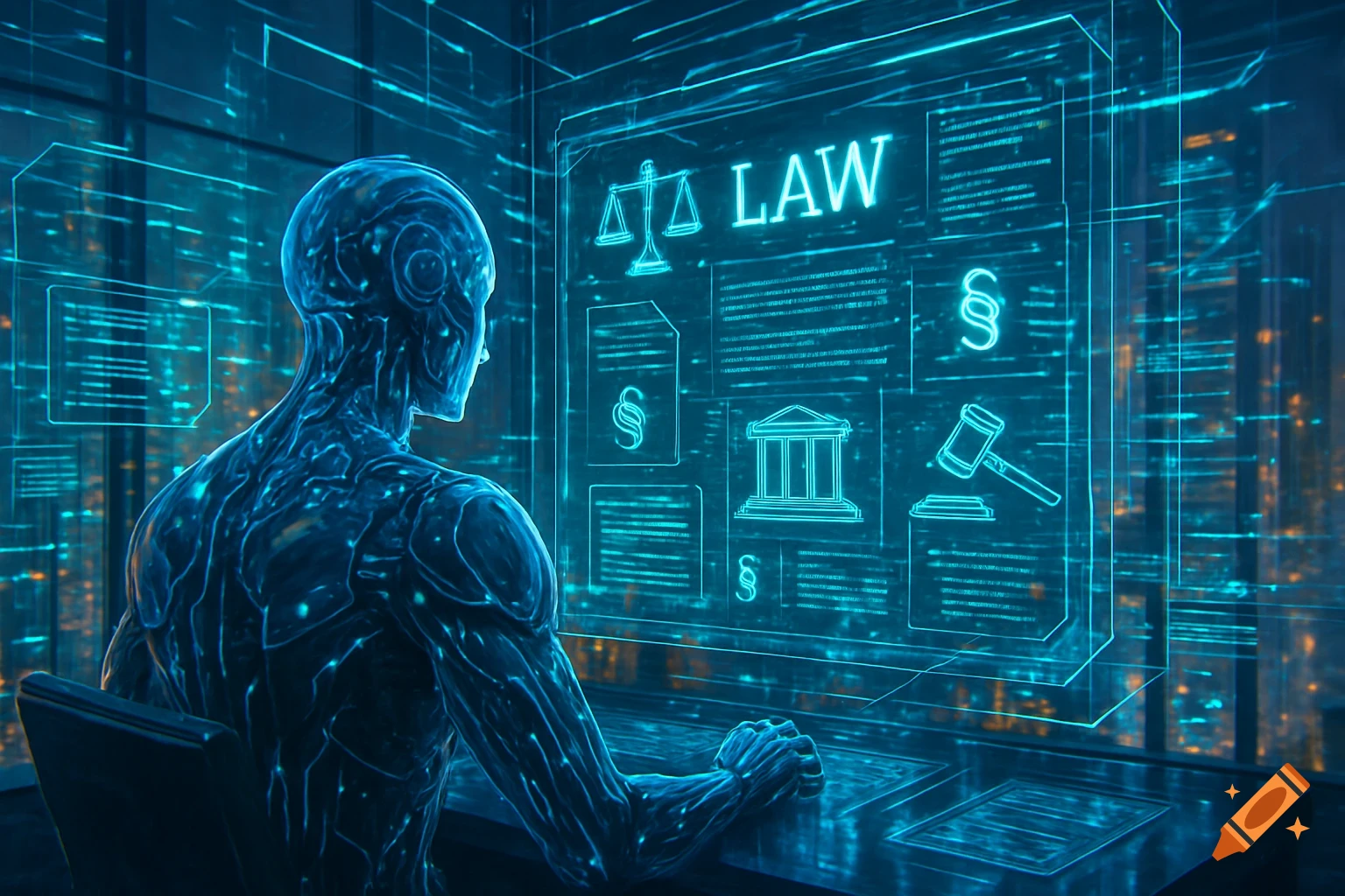 A translucent blue humanoid figure views a holographic screen displaying "LAW" and legal symbols in a futuristic, glowing data environment.