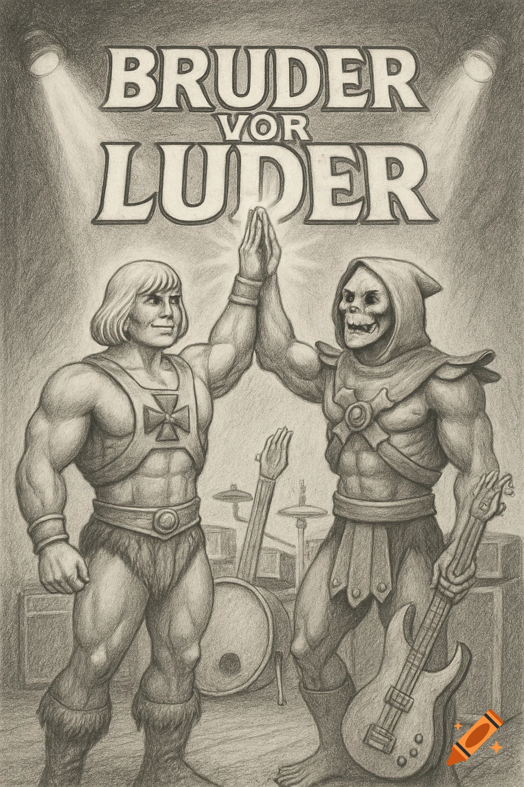 A pencil drawing of He-Man and Skeletor high-fiving on a stage with musical instruments. Text reads 'BRUDER VOR LUDER'.
