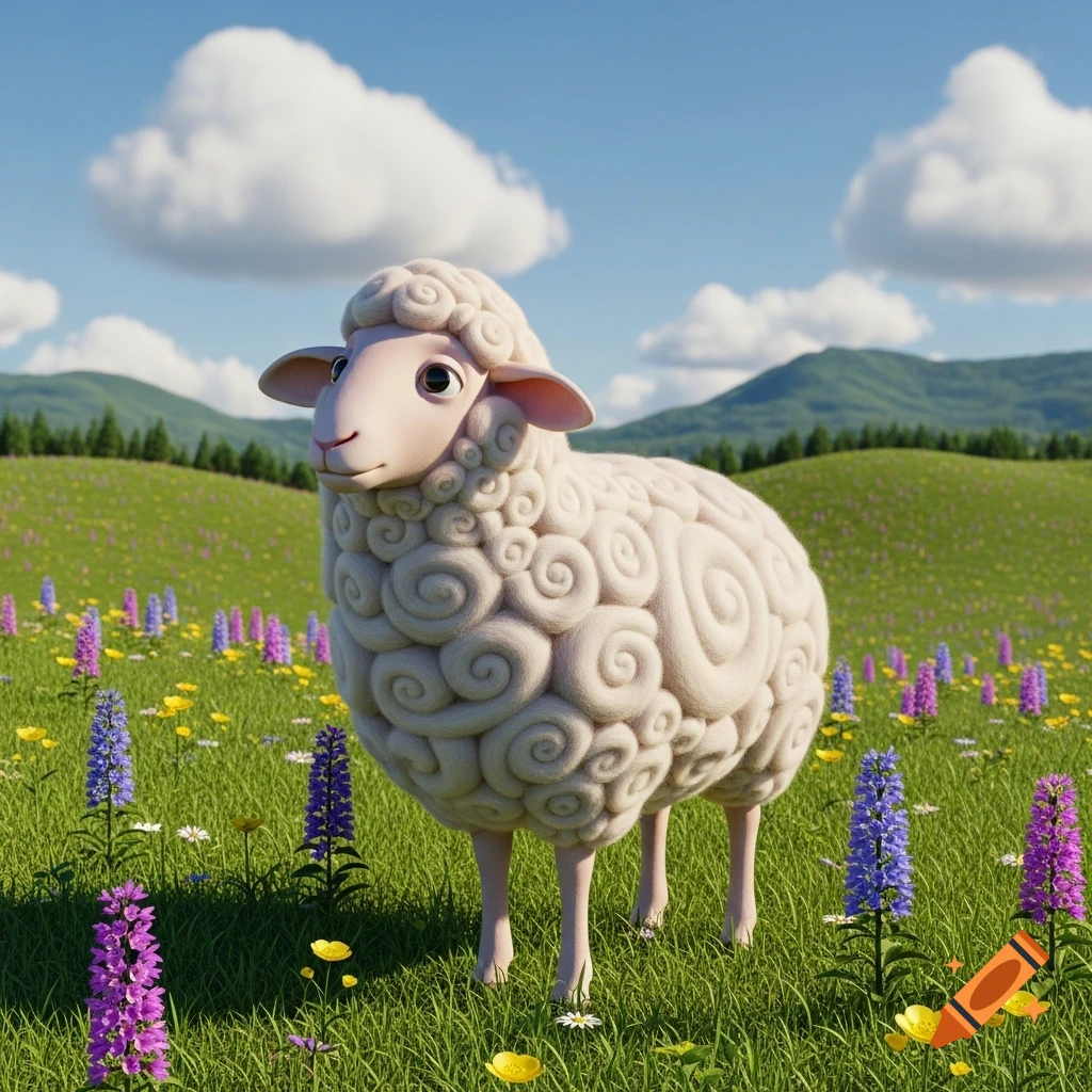 A cute 3D rendered sheep stands in a vibrant green meadow filled with purple and yellow wildflowers under a blue sky with fluffy clouds.
