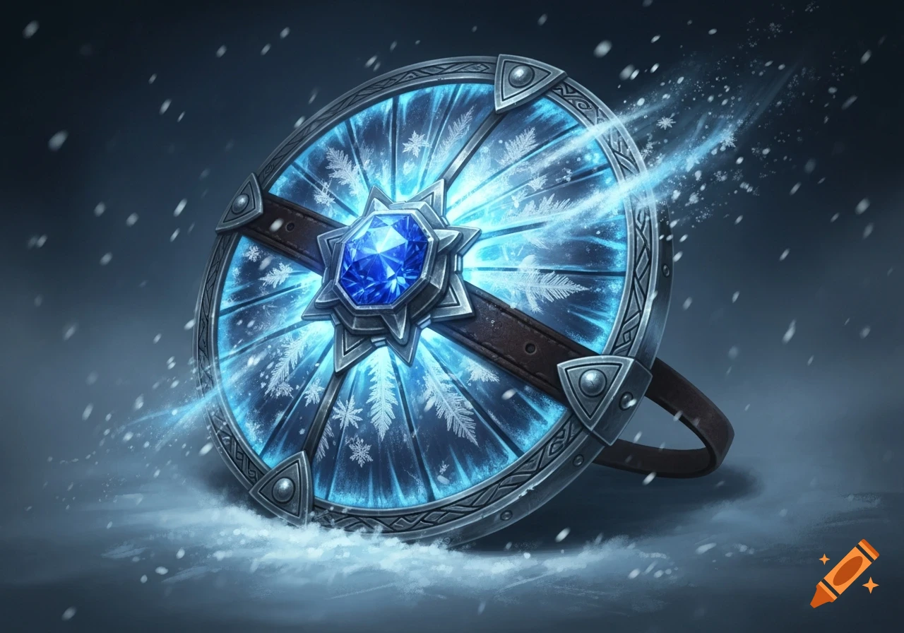 A round, glowing magical ice shield with frost patterns, a central sapphire, and a silver rim, sitting in snow with flakes falling. Fantasy art.