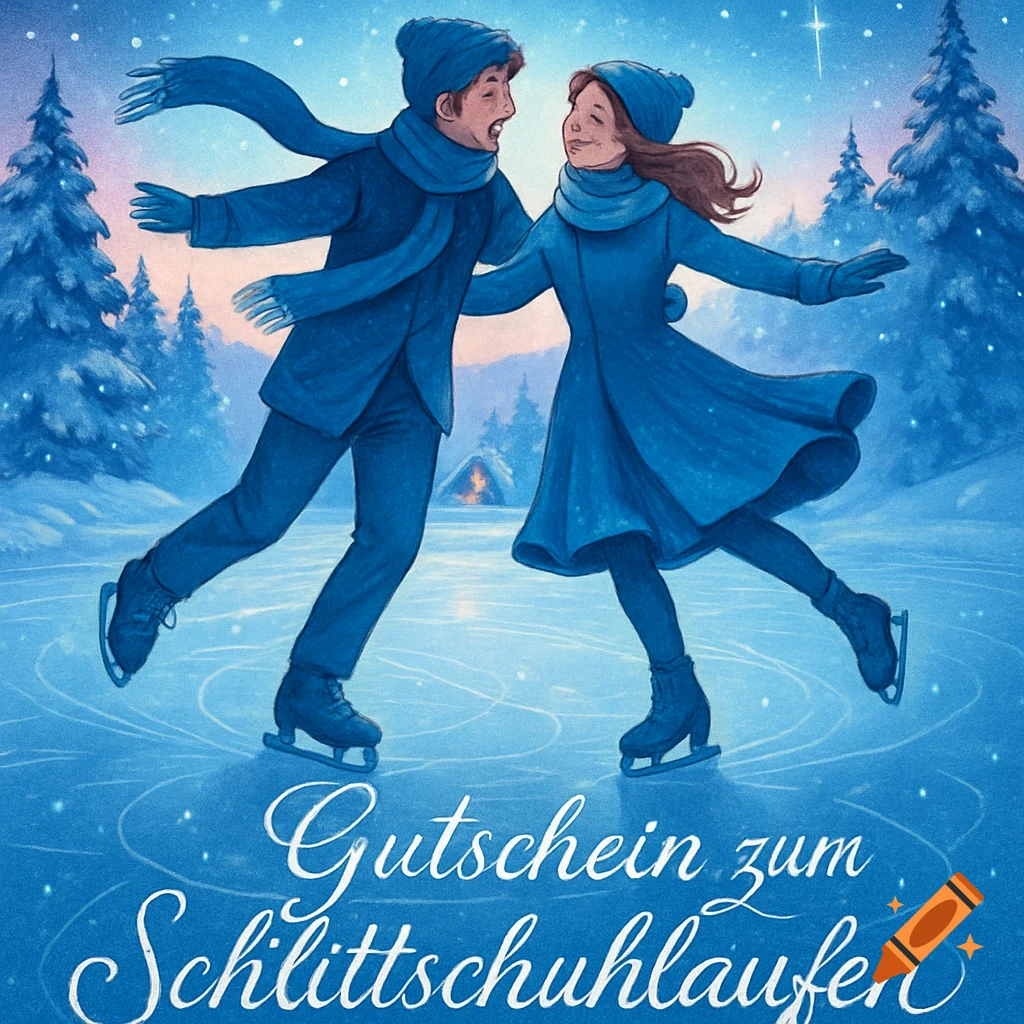 An illustration of a smiling couple in blue winter clothes ice skating on a frozen lake under a starry sky. The text 'Gutschein zum Schlittschuhlaufen' is at the bottom.