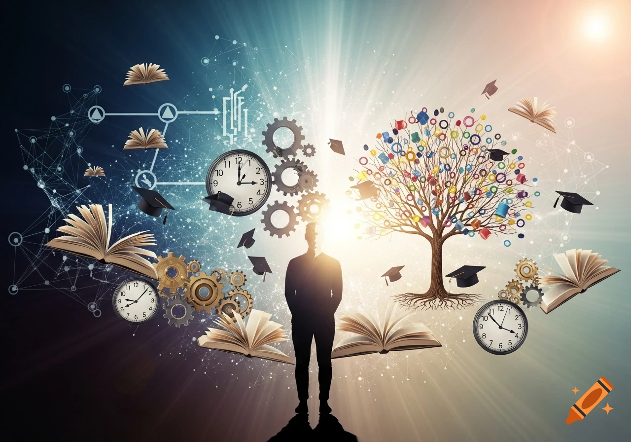 A silhouette stands amidst swirling light, flanked by floating books, clocks, gears, and a vibrant tree representing knowledge and ideas.
