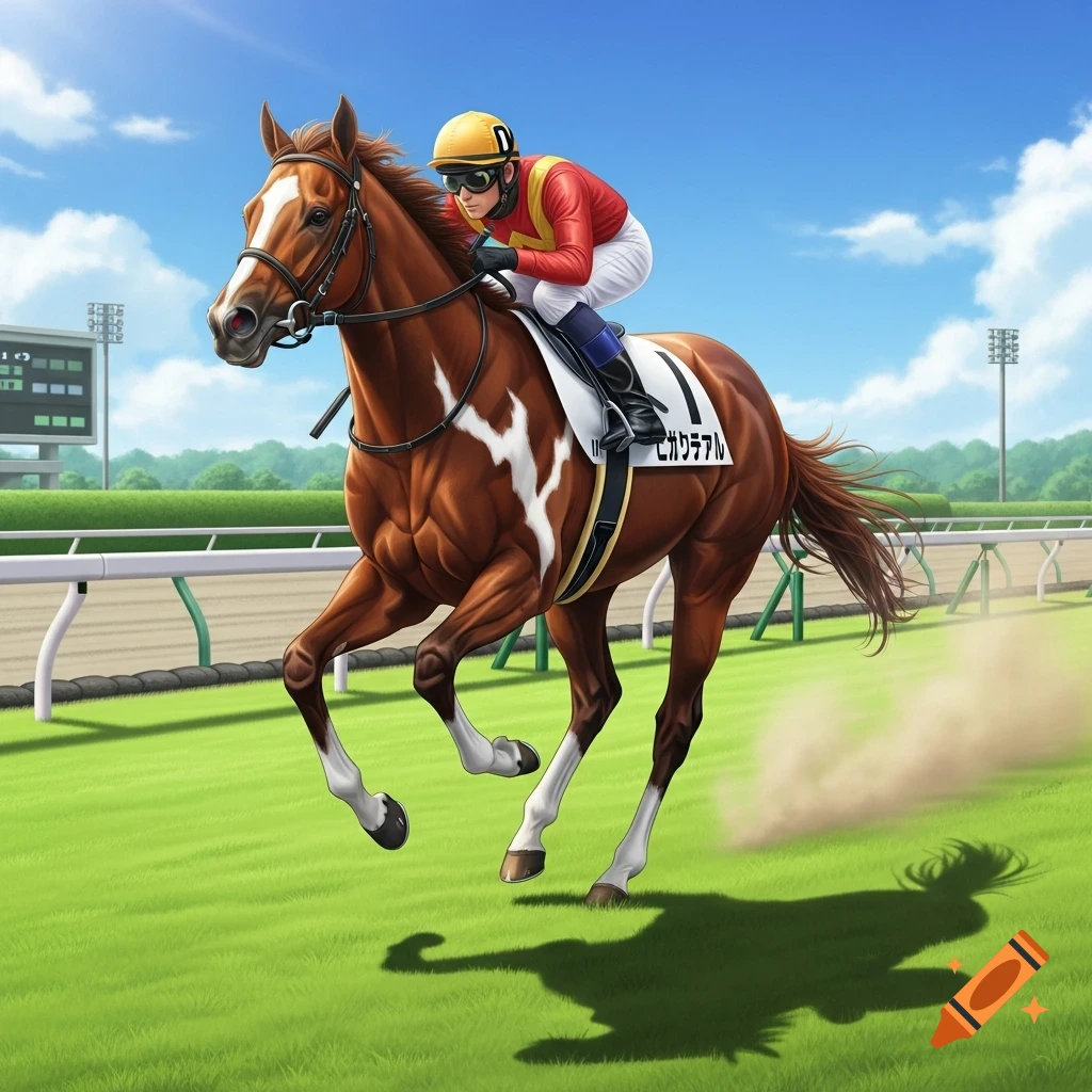 A brown racehorse with white markings and a jockey in red and white silks gallops on a green racetrack under a blue sky.