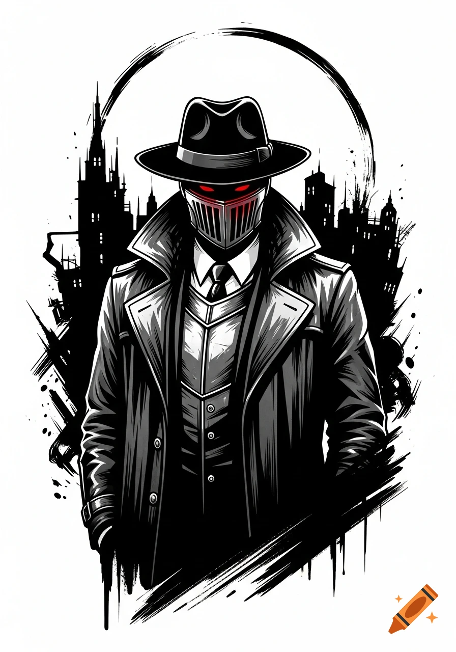 A black and white stylized illustration of a masked knight in a fedora and trench coat with glowing red eyes, against a city silhouette.