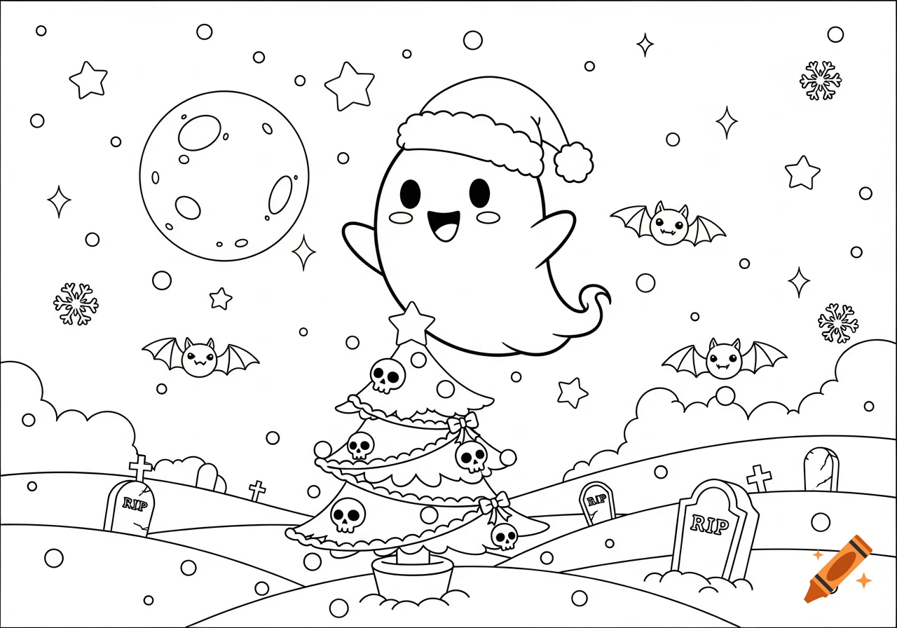 Kawaii spooky Christmas coloring page with a ghost wearing a Santa hat, a skull-decorated Christmas tree, bats, and gravestones.