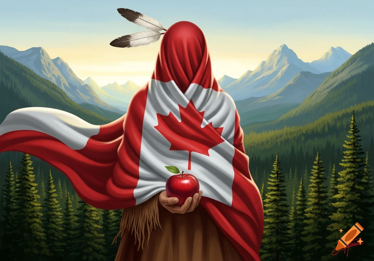 An illustrated figure wrapped in a Canadian flag, adorned with feathers, holding an apple in a mountain landscape.
