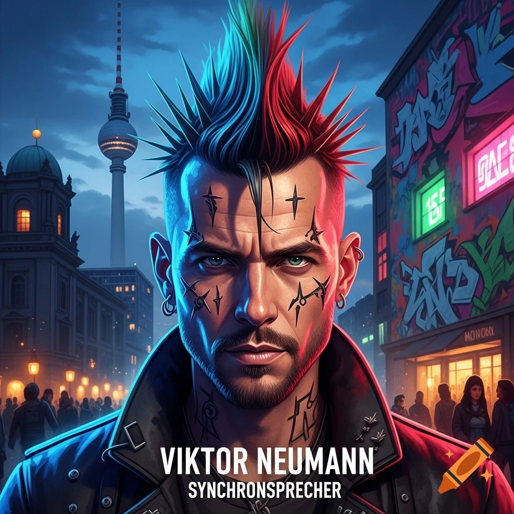 Stylized digital art portrait of a man with a blue and red punk mohawk, facial tattoos, and a leather jacket, in urban Berlin at night. Text: Viktor Neumann, Synchronsprecher.
